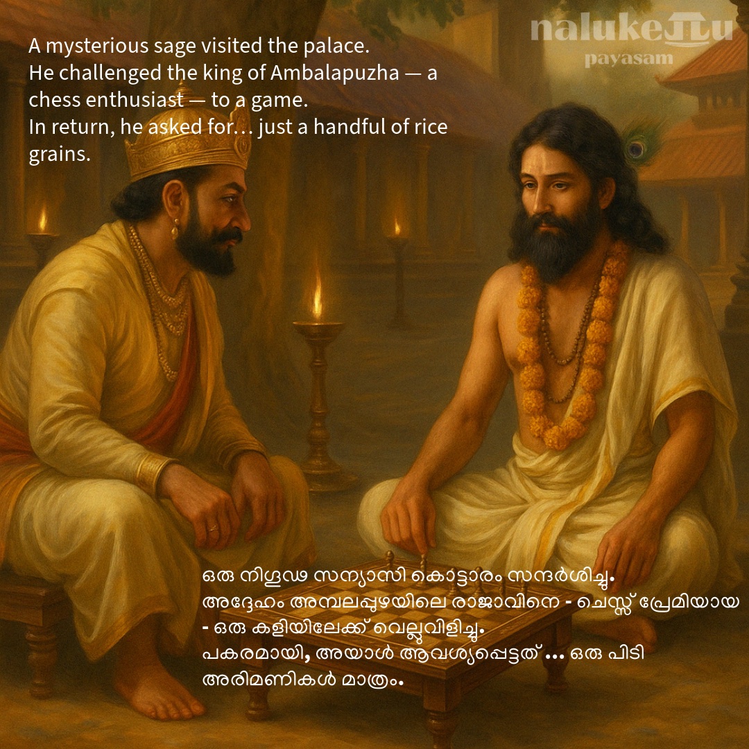 A mysterious sage challenged the king of Ambalapuzha to a game of chess, asking only for a handful of rice grains
