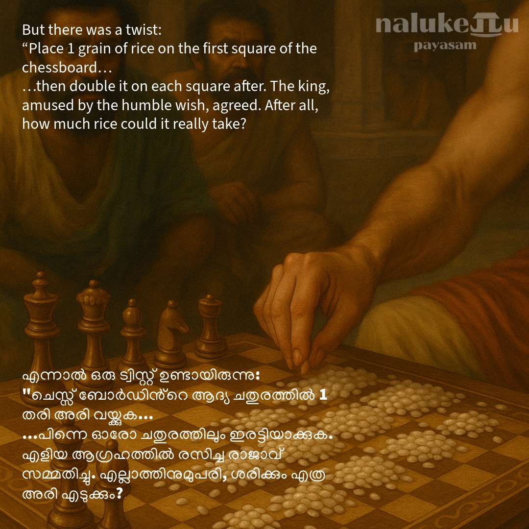 The twist: one grain on the first chessboard square, doubled on every square after
