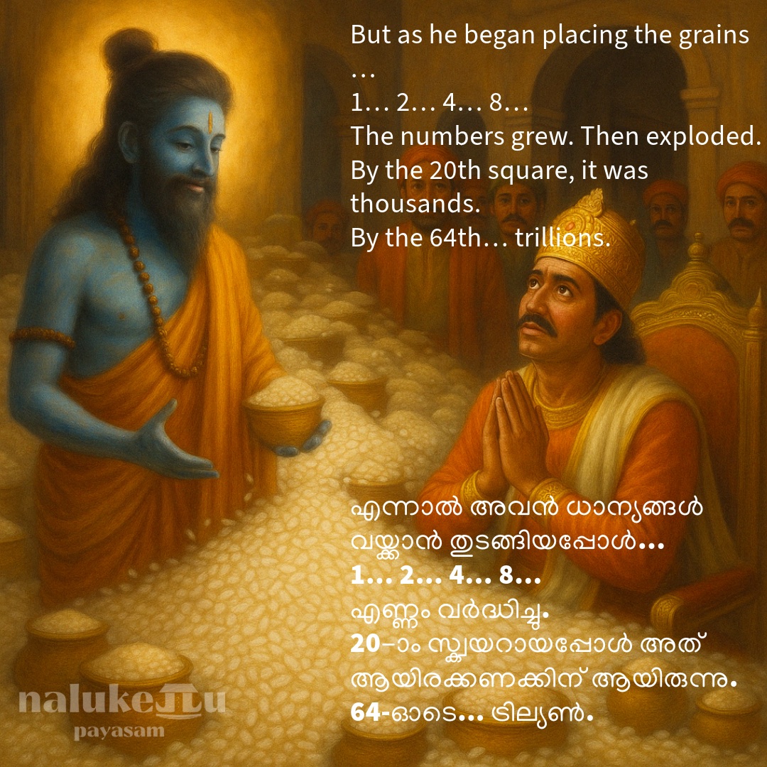 The grains multiplied — by the 20th square, thousands; by the 64th, trillions